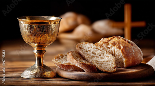 Maundy Thursday symbolism with a cross, chalice, and bread representing the Last Supper and Christian faith concept, defocused background, with copy space