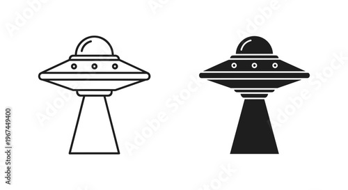 UFO flying saucer icons in outline and solid black styles, alien spacecraft with tractor beam vector set, extraterrestrial ship graphic elements