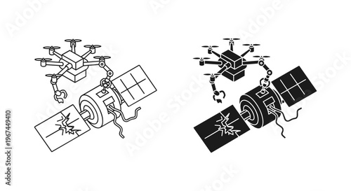 Isometric space drone repairing satellite vector, robotic arm maintenance in orbit, futuristic aerospace engineering icons, black and white line art