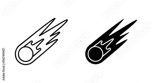 Minimalist comet icon set, black and white falling meteor vector illustrations, simple celestial fireball symbols for astronomy and space design
