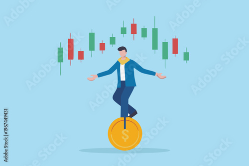 A businessman balances on a dollar sign while navigating fluctuating stock charts