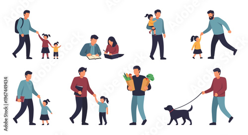 Family, parents, children, people, walking, playing, vector illustrations, family life, relationships