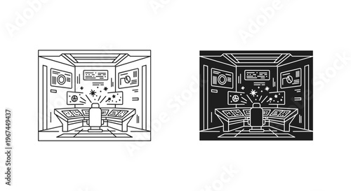 Futuristic spaceship cockpit interior vector, sci-fi control room with pilot seat and digital screens, spaceship bridge line art and silhouette
