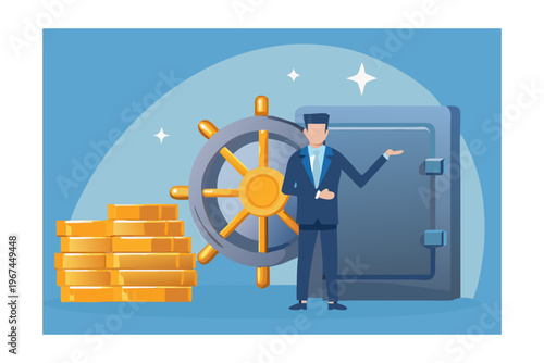 Man presenting a safe with gold coins and a steering wheel