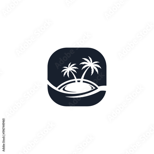 Island paradise logo featuring palm trees and ocean waves in a square shape.