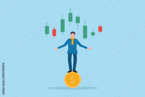 A businessman balances on a dollar sign amidst fluctuating stock market charts