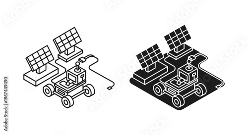 Isometric space rover with solar panels vector set, autonomous planetary exploration vehicle, black and white line art robot for science and technology