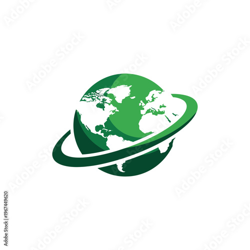 Green Earth Globe with Orbiting Ring Depicting Global Connectivity and Travel.