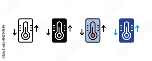 Smart home thermostat and digital temperature control icon set. Intelligent climate monitoring and HVAC regulation symbols in multiple styles. Vector Illustration.