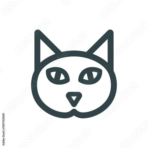 Simple outline illustration of a cats head with triangular ears and eyes.