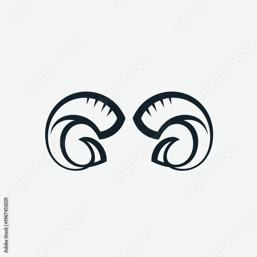 Stylized illustration of two symmetrical ram horns black and white design.
