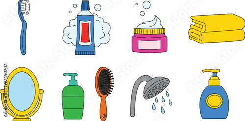 Bathroom personal care toothbrush toothpaste soap towels mirror