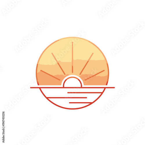 Sunrise over the ocean a minimalist design with simple lines and colors.