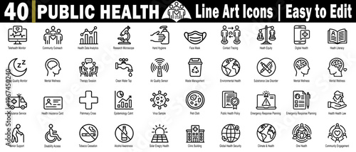Public health line art icons set. Easy to edit telehealth monitor, community questions, health data analytics research microscope, and hygiene vector illustration.