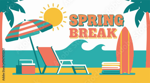 Spring Break Beach Scene Illustration with Ocean, Palm Trees, and Sun