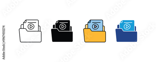 Digital video file folder and multimedia content storage icon set. Media player document and playlist management symbols in multiple styles. Vector Illustration.