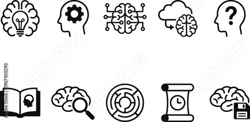 Collection of black and white icons related to brain and mind