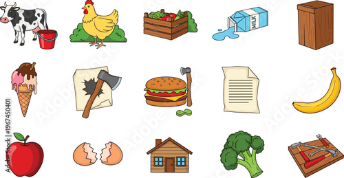 Mixed Object Cartoon Vector Set with Cow, Chicken, Burger, Banana, Milk, Apple, Axe, House, and Everyday Food Items