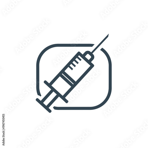 Medical syringe icon within a square frame representing vaccination and healthcare.