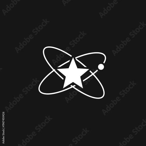 White star with orbiting lines on black background representing concept.