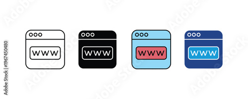 World wide web browser window and website interface icon set. Internet surfing and online search engine symbols in multiple styles. Vector Illustration.