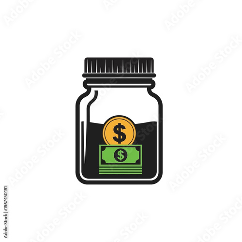 Money jar with coins and dollar bills representing savings and finance.