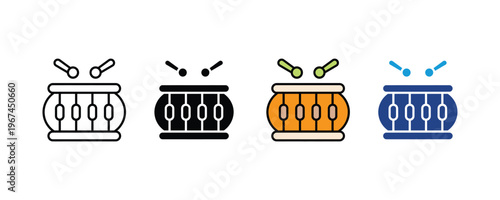 Traditional musical drum with drumsticks icon set. Percussion instrument symbols for music festivals and parade celebrations. Vector Illustration.