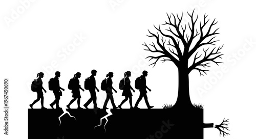 Silhouette of people walking by a tree.