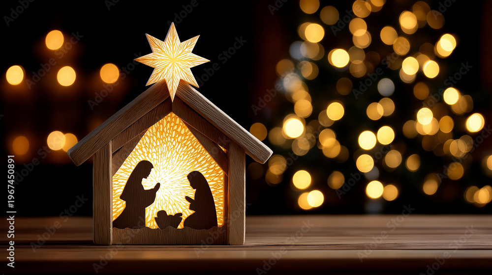 Fototapeta premium Christmas nativity scene silhouettes of Mary, Joseph, and baby Jesus under a rustic stable with a radiant star, Christian holiday concept, defocused background, with copy space