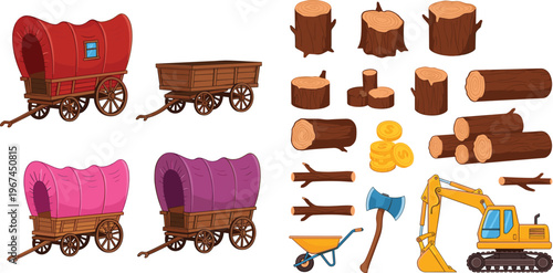 Wood Logging and Wagon Vector Set with Tree Stumps, Timber Logs, Axe, Excavator, Wheelbarrow, and Rustic Transport Carts