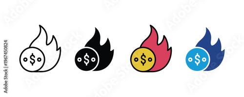 Burning dollar coin icon set representing inflation and financial loss. Money on fire symbols for economic crisis and currency devaluation concepts. Vector Illustration.