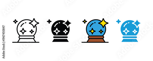Magic crystal ball icon set with sparkling stars for fortune telling and mystery. Psychic prediction and future vision symbols in multiple styles. Vector Illustration.