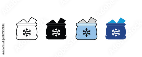 Cooling ice bag with snowflake symbol icon set. Cold therapy, cryotherapy, and temperature relief equipment symbols in multiple styles. Vector Illustration.