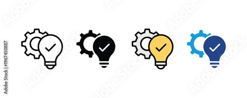Innovation strategy and solution validation icon set. Light bulb with checkmark and gear representing successful creative thinking and technical execution. Vector Illustration.