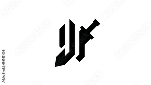 Black geometric design featuring two stylized vertical elements and a sword on a white background