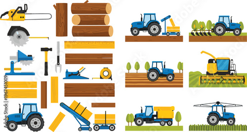 Agriculture and Woodworking Vector Set with Tractor, Harvester, Chainsaw, Logs, Tools, Conveyor, and Farming Equipment Illustration