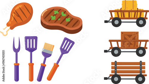 Barbecue Food and Farm Wagon Vector Set with Grilled Chicken, Steak, BBQ Tools, Hay Cart, and Wooden Transport Carts