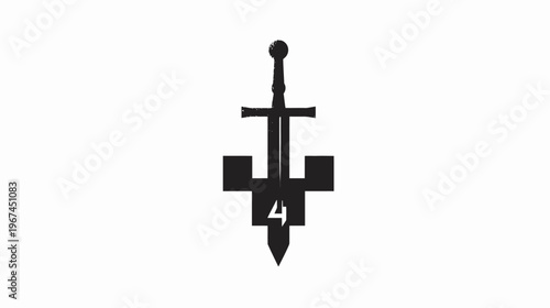 A stark, black silhouette design of a sword overlaid over a structure containing the numeral '4'