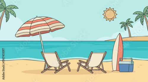 Tropical beach scene with chairs, umbrella, surfboard, and palm trees