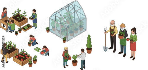 Community Gardening Vector Illustration with People Planting Vegetables, Greenhouse, Garden Beds, and Urban Farming Activities