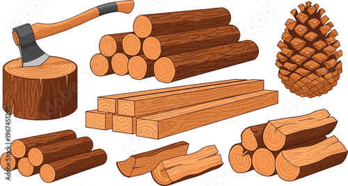 Wood Logs and Lumber Vector Set with Axe, Tree Stump, Pine Cone, Firewood, and Timber Pieces for Forestry Design