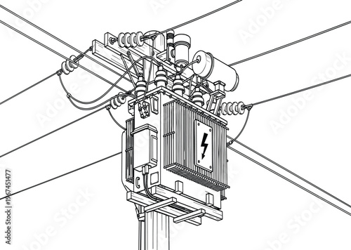 Black and white of an electrical transformer on a power pole wires insulators electrical equipment