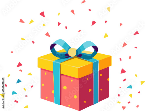 Vector Style Illustration of a Wrapped Present with Decorative Confetti