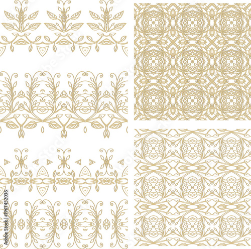 Set of golden ornamental vignettes, border ornaments, rosettes, medieval, oriental style