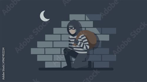 Thief with sack crouching near a brick wall at night under moonlight