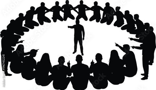 Blame concept silhouette, group pointing fingers, scapegoat accusation, social pressure, teamwork conflict, crowd judgment, criticism illustration