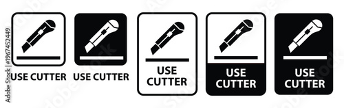 Do no use cutter and use cutter icon set. Hazard signs. Cardboard packaging label icons. Package sign. Do not open with a knife or scissors symbol. Vector Illustration.