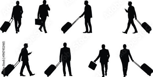 Businessman traveling with luggage, corporate traveler silhouettes, airport journey, professional trip, business travel lifestyle, suitcase, executive commuter