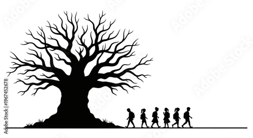 Silhouette of people walking under bare tree.