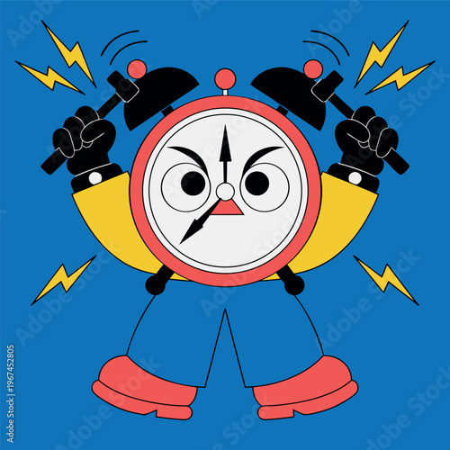 A colorful flat vector illustration of a ringing alarm clock with musical notes